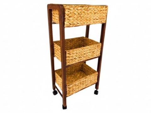 Bespoke 3-Tier Water Hyacinth Basket Cart with Dark Burnt Wood Frame and Wheels